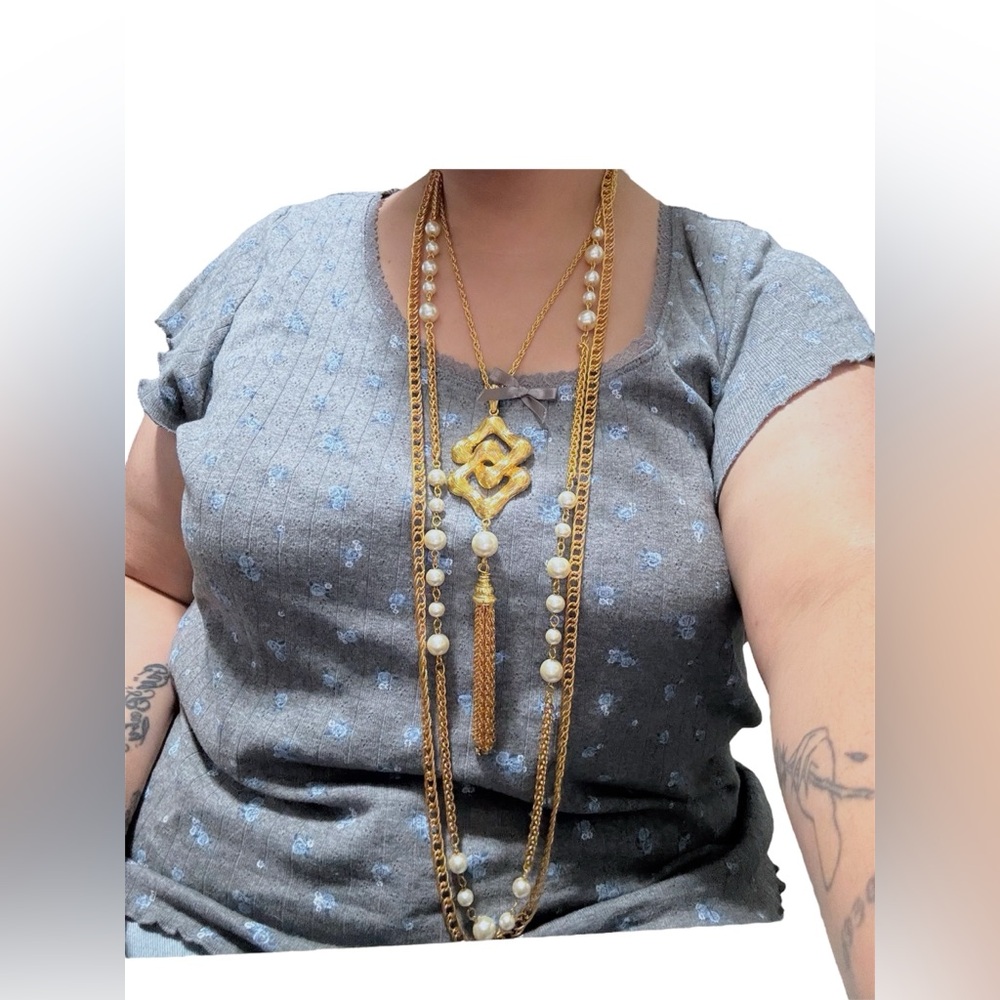 RARE Ben X Ben-Amun Designer Gold Chain, Glass Pearls & Tassel Pendant Necklace